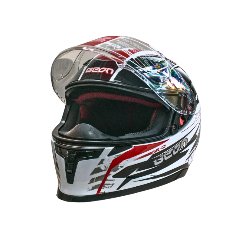 Мотошлем интеграл Beon B-503 SINGLE VISOR ANGLE TEAR SHINY WHITE/RED (глянец белый/красный), размер XL