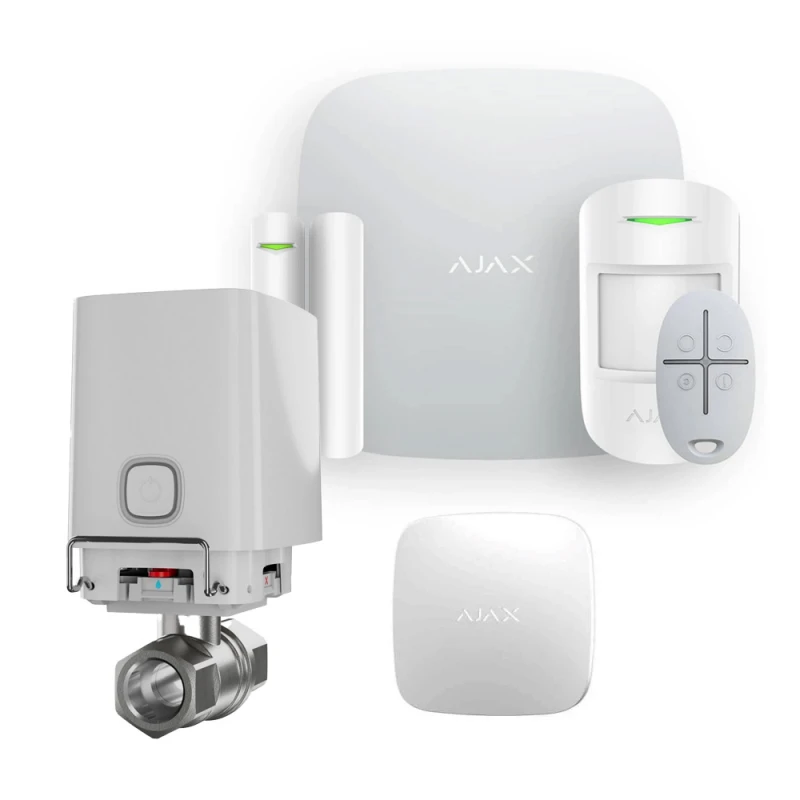 Комплект сигнализации и защиты от потопа Ajax StarterKit 2 white + Ajax WaterStop 3/4" white + в подарок датчик затопления Ajax LeaksProtect white